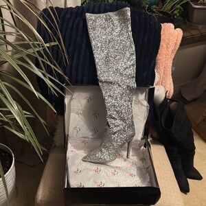 New York & Company Silver Glitter Over-the-Knee Stiletto Boots